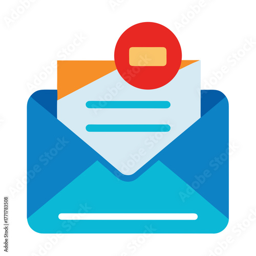 Stylized blue open envelope with a document and a red circle with a horizontal bar icon indicating a blocked or rejected message isolated on white background