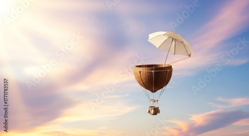 A symbolic image representing the connection between tropical ecosystems and marine biodiversity. The coconut shell contains a thriving coral reef, reminding us of the importance of environmental bala