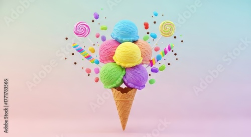 A whimsical ice cream cone stacked with multiple scoops in bright pastel colors, surrounded by playful candy elements, sprinkles, and lollipops on a soft gradient background. The cheerful and creative