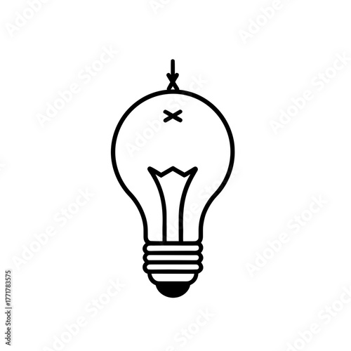 A simple white outline illustration of a light bulb with an x mark on its top isolated on white background
