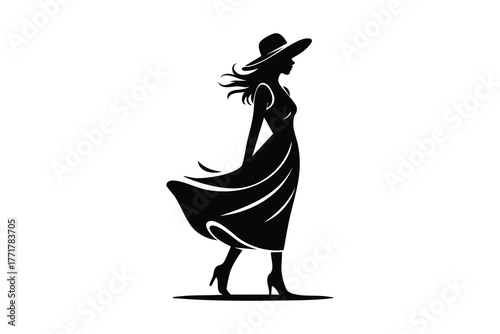 Silhouette of a woman wearing a hat and dress isolated on white background