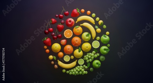 A vibrant circular arrangement of assorted fresh fruits displayed on a dark background. The composition includes apples, oranges, bananas, limes, grapes, cherries, strawberries, and other colorful pro