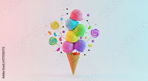A vibrant and colorful ice cream cone stacked with multiple scoops in rainbow colors, surrounded by playful candy elements, sprinkles, and lollipops on a light pastel background. The whimsical and swe