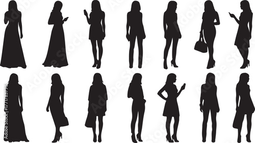Vector illustration set of women's silhouettes in various standing poses. A collection of anonymous black female figures in fashionable modern and formal wear