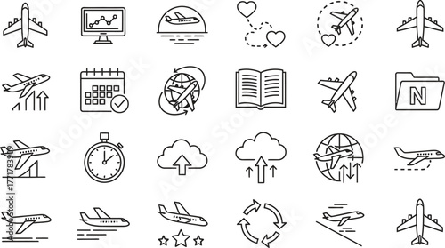A collection of line icons representing air travel, logistics, and aviation concepts.