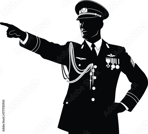Silhouette of military officer in uniform pointing with medals, silhouette, military, officer, uniform, pointing, directing, leading, command, authority, captain, general, admiral, navy, army, air for