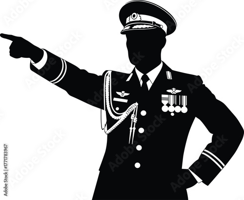 Silhouette of military officer in uniform pointing with medals, silhouette, military, officer, uniform, pointing, directing, leading, command, authority, captain, general, admiral, navy, army, air for
