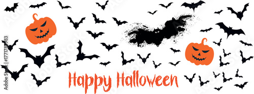 Flying Bat Silhouettes Swarm  Black Bats in Diagonal Motion, Halloween Night Symbol on Transparent Background Vector