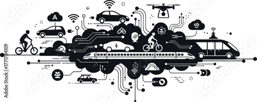 Smart City Transportation Network Infographic technology, smart city, transportation, network, infographic, technology, connectivity, cars, electric car, train, high-speed train, bus, drone, bicycle, 
