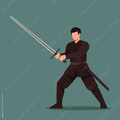 Stylized illustration of a figure in medieval attire, holding a large sword, in a battle stance