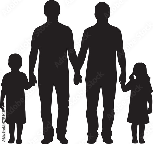 Full-length black silhouette portraying a modern same-sex family, with two loving fathers holding hands with their son and daughter, symbolizing diverse family structures, love, and unity