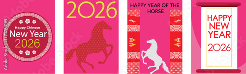 Modern Chinese New Year 2026 Card Templates – Horse Zodiac Symbol with Lanterns and Floral Decorations for Social Media Stories