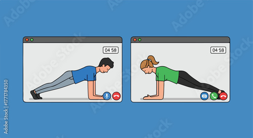 Fitness video call. Two people doing planks inside separate video call windows