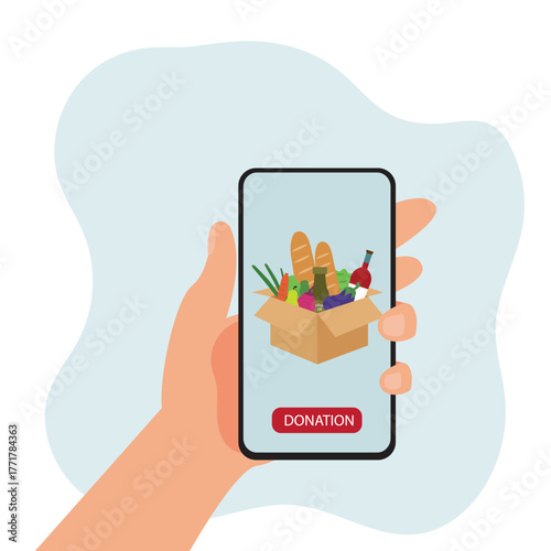 Hand holding smartphone with donation app. Concept for charity online service. Charity food donation box with full of food vector illustration.
