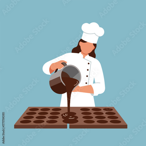 A chef in white attire pours chocolate from a vessel into a mold with circular cavities, crafting sweets