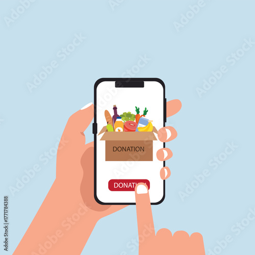 Hand holding smartphone with donation app. Concept for charity online service. Charity food donation box with full of food vector illustration.