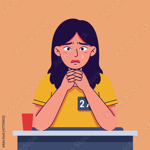 Illustration of a sad woman with hands clasped, tear falling, seated before a table with a red cup