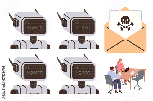 Four AI robots labeled Agent signify potential malware threats. Malware mail with skull alerts a business team in a meeting. Ideal for cybersecurity, AI risks, data privacy, workplace safety, digital
