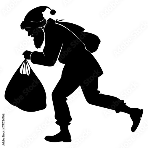 silhouette of a santa clause with a bag