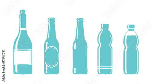 Bottle icon collection. Includes wine, beer, and water bottles, vector images set against a white backdrop. Multicolored drink illustrations.