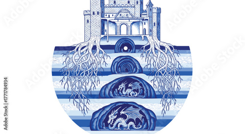 Illustration of a blue and white vase with architectural and natural elements