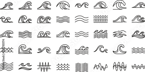 Collection of diverse wave icons and symbols, representing water and motion