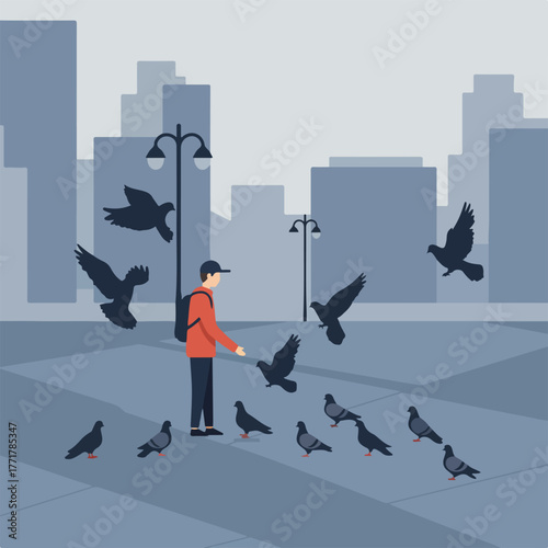 Flat illustration of a person feeding pigeons in a city park with buildings in the background