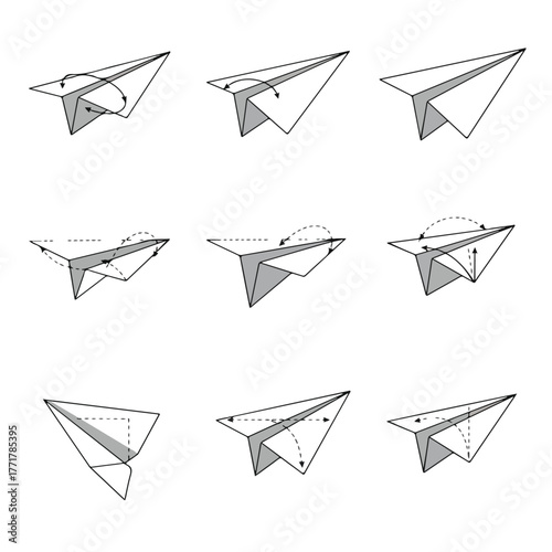 Step-by-step monochrome diagrams demonstrate how to fold a paper aircraft, with arrows indicating each fold