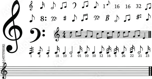 Collection of musical notation symbols and a musical staff
