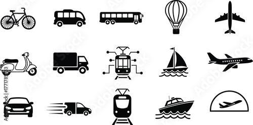 Collection of diverse transportation icons representing travel and movement