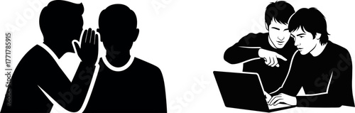 Two business scenes showing collaboration and secrets with silhouettes and figures working on a laptop