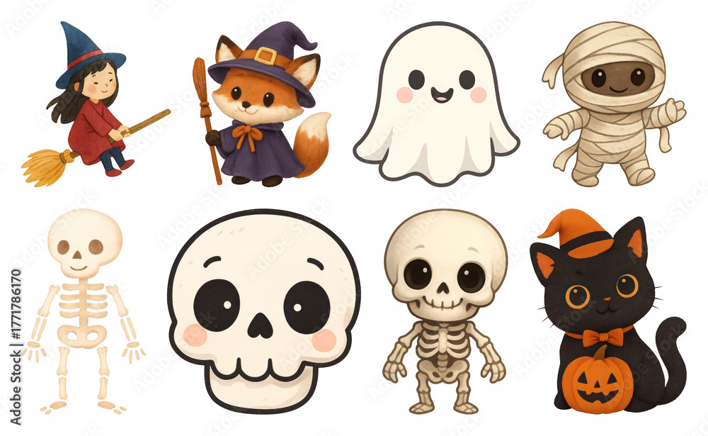 Naklejka premium PNG Cute Halloween character illustrations, element set on transparent background