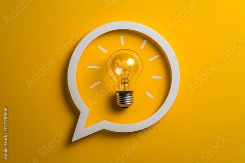 A light bulb inside a speech bubble on a yellow background, symbolizing ideas, communication, and innovation, representing the power of sharing thoughts and creative solutions