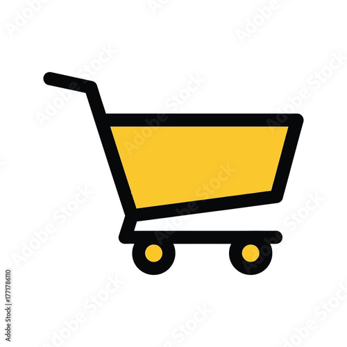 Simple yellow shopping cart icon with black outline and wheels shown