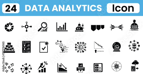 Collection of 24 black data analytics icons on a white background representing business and technology concepts