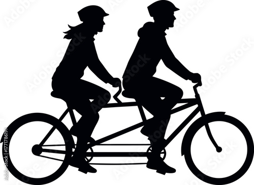 Silhouette of a couple riding a tandem bicycle together on a white background symbolizing partnership and shared journeys