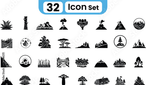 Collection of 32 diverse silhouette icons representing various natural landscapes and architectural elements