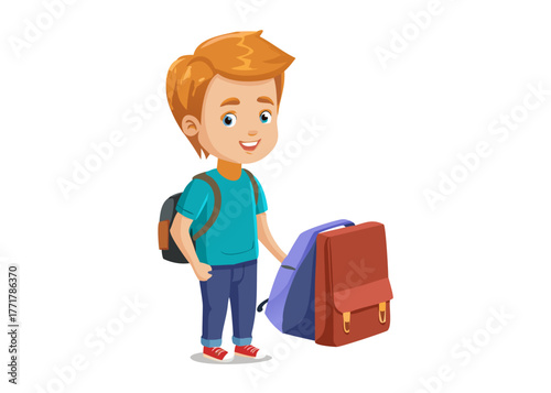 Young boy with school bag , stylized cartoon character, school kid 3d rendering isolated illustration
