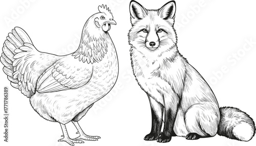 Hand Drawn Fox and Chicken Sketch Vector Illustration