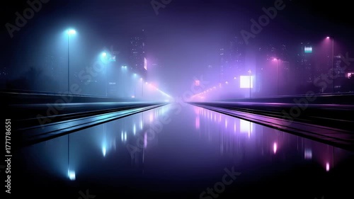 Night scene of a futuristic city highway with dazzling neon lights