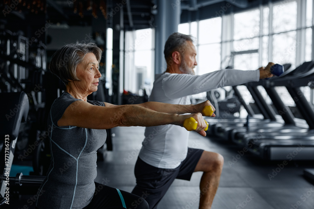 Fototapeta premium Elderly man and woman are doing squats with dumbbells in a gym