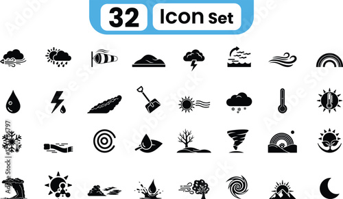 Collection of 32 weather and nature icons representing diverse environmental elements and phenomena