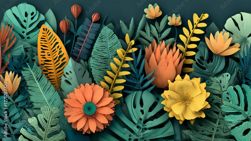 Naklejka premium A vibrant, densely packed pattern of overlapping tropical leaves in a cut-paper style, featuring bold colors like orange, yellow, and teal against a dark background.