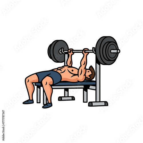 A muscular man is shown bench pressing a barbell with heavy weights.