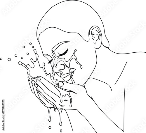 Refreshing splash of water cleanses a person's face in a minimalist line drawing.
