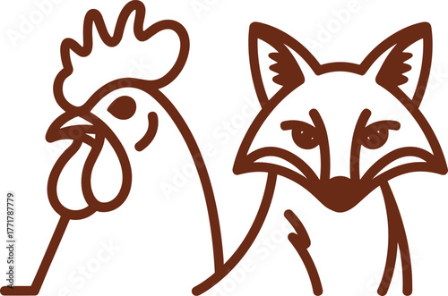 Minimalist Line Art Fox and Chicken Heads Icon Vector