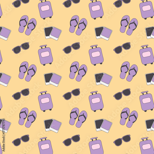 A repeating pattern shows purple suitcases, sunglasses, flip-flops, and photo prints on a yellow background. This pattern design evokes a travel, y2k, and cartoon feel.