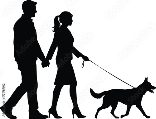 Couple holding hands walking their dog on a leash outdoors