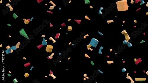 Vibrant colored wooden building blocks falling in seamless loop animation with transparent background, playful toy blocks rain effect for educational, children’s content
