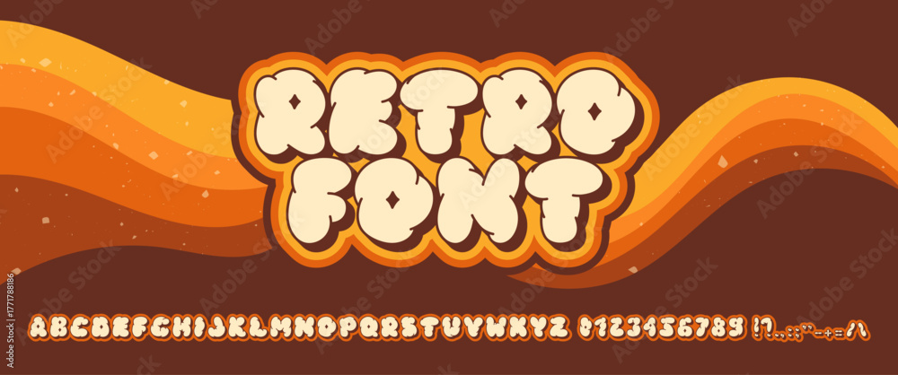 Fototapeta premium Groovy 70-s retro font. Alphabet with letters, numbers and sighns and volume shadows.
